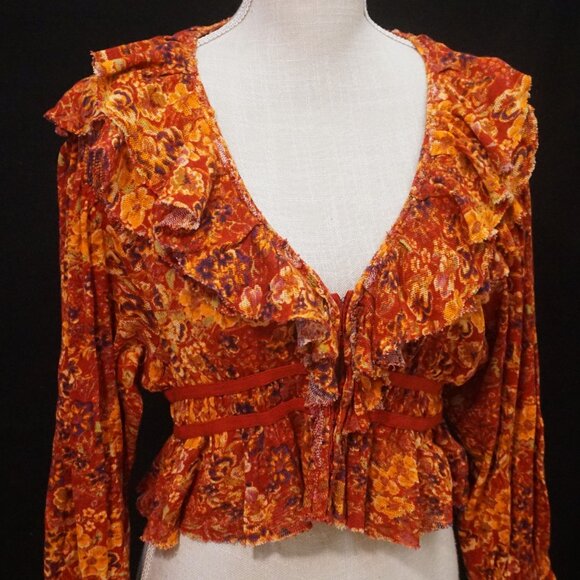 Free People Red Floral Cherry Combo Boho Cardigan Cropped Women’s Small - Picture 2 of 11